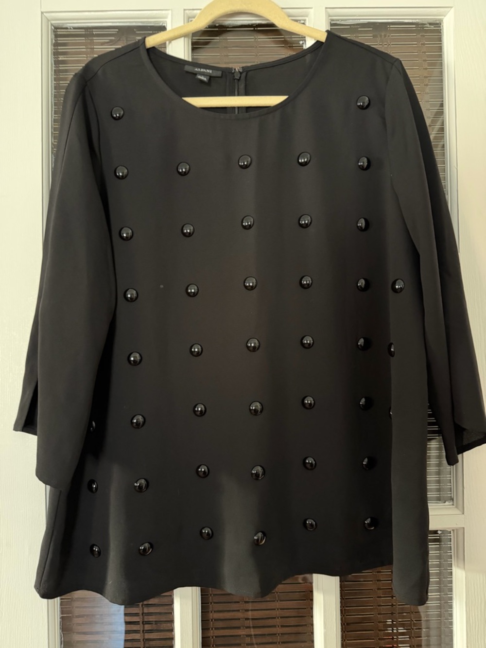Alfani Women’s L Black Deco Button 3/4 Sleeve Back Zip Blouse | SKU 0114